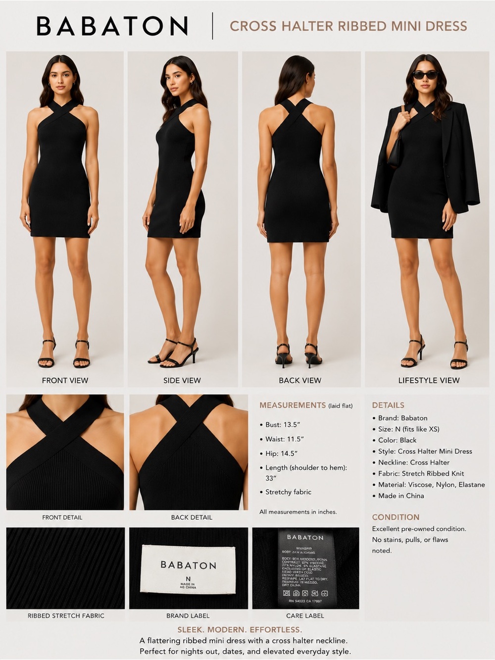 Babaton by Aritzia Black Ribbed Cross Halter Mini Dress Med Stretch Knit Bodycon